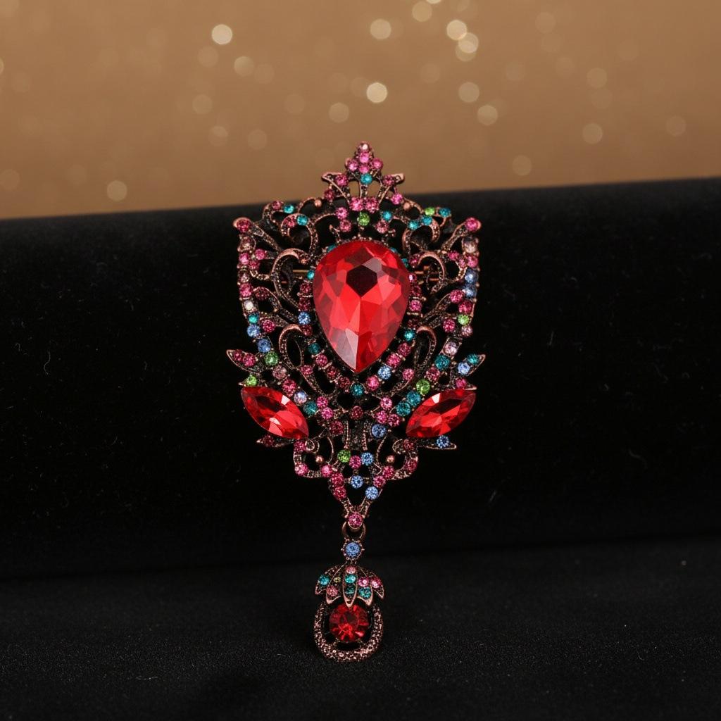 Fashionable Vintage Feng Shui Crystal Brooch, Alloy Inlaid with Rhinestones, Colored Pendant, Brooch, Clothing Accessory