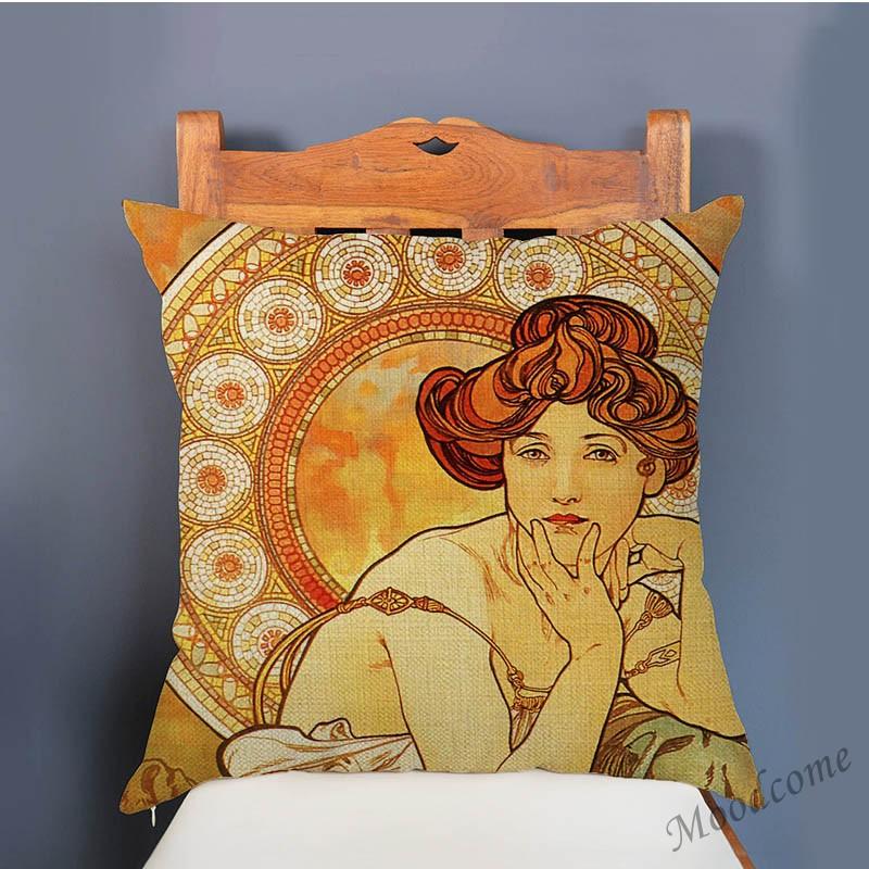 Vintage European Art Nouveau Mucha Gallery Decorative Sofa Pillow Cover Beautiful Beauty Girl Cotton Linen Luxury Cushion Cover