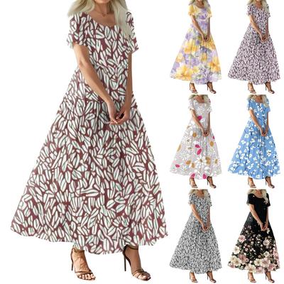 Damen Sommer Casual Blumendruck Kurzarm O-Ausschnitt Hohe Taille A-Linie Stufen Fließendes Boho Maxikleid