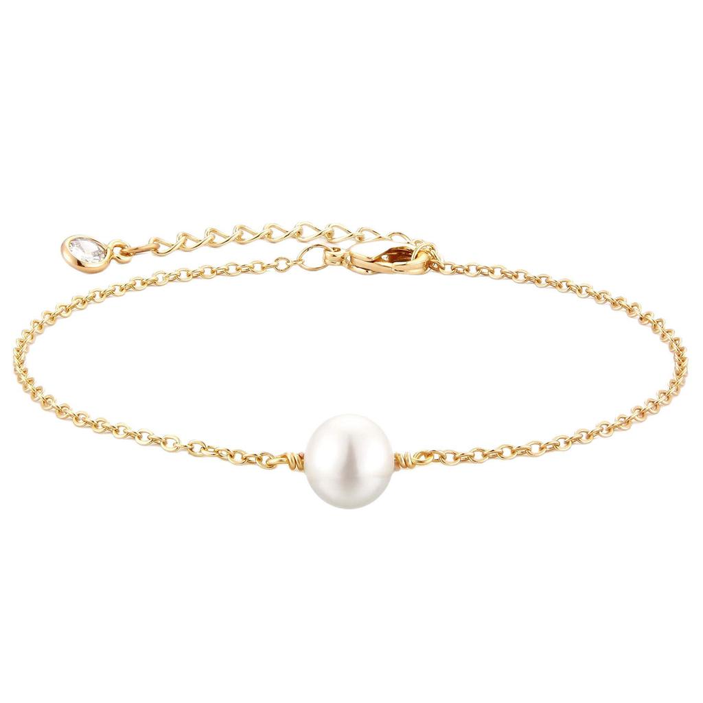European Style Simple Single Pearl Bracelet with Stainless Steel Adjustable Chain and 8mm Faux Pearl