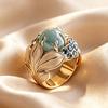 Magnifique Bague pour Femme Inlaid Cubic Zirconia Bleu Couleur Or Esthétique Sculpture à la Main Feuille Port Quotidien Bijoux de Soirée Cadeau d'Anniversaire