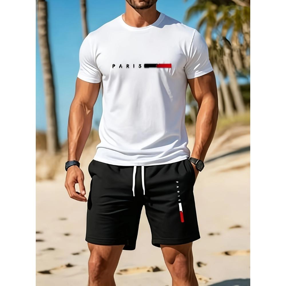 2026 Fashion Simple Solid Color Printed Set Summer Mens Street Harajuku Style Sports Gym Short Sleeve and Short Man 2 Piece Set