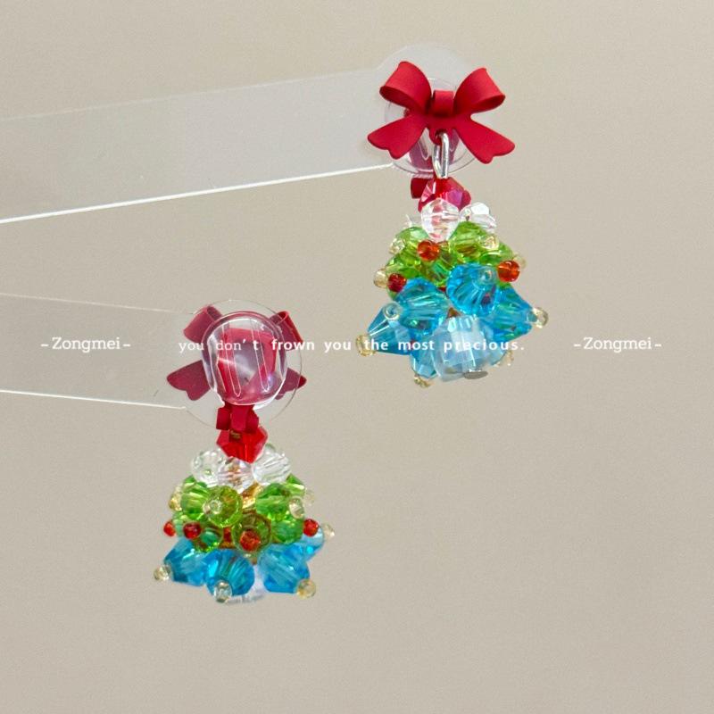 3D Christmas Tree Earrings with Red Bow - Heavy Beaded Crystal Ear Clips, Hand-Woven Holiday Accessories