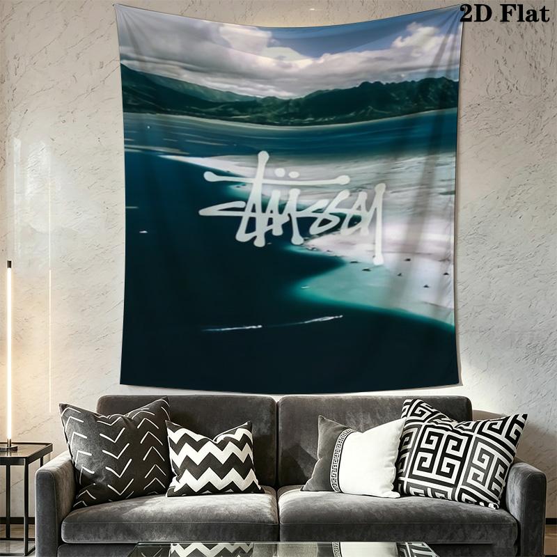 Teal Skull Pattern Tapestry, Vintage Street Brand Text Logo Collage Wall Hanging Aesthetic Decor