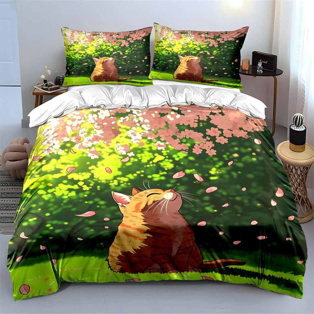 Spring Bliss: Cat, Flowers, Nature Scene Exquisite Three-Piece Bedding Set Gift For Kids And Adults