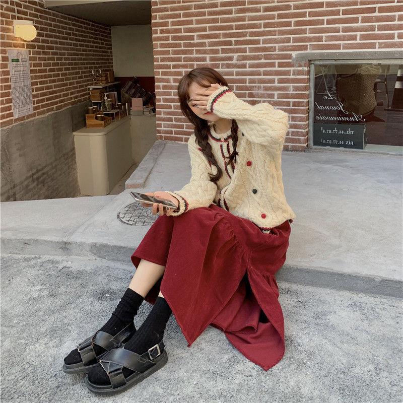 Autumn Winter Women's Burgundy Corduroy Midi Skirt Versatile Slim-Fit High Waist Plus-Size Asymmetrical Long Skirt