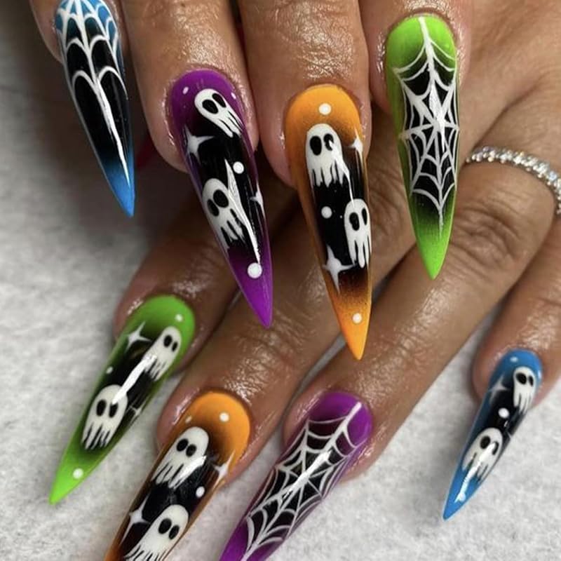 24 Pcs Halloween Press On Nails Short CEWEWP Square Cartoon Fake Nails Mummy Patch Press Ons Nail Tips Orange French Glue On Nails with Terror