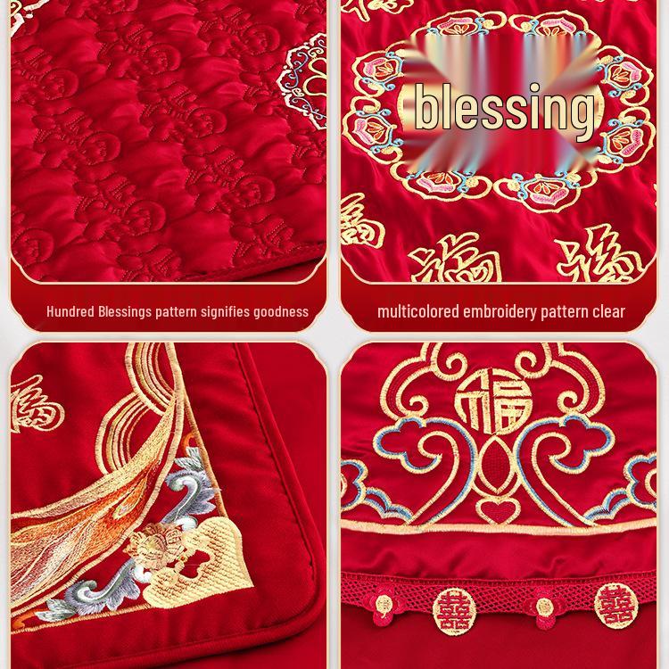 Red Festive Embroidered Wedding Blessings Quilt & Cushion Set