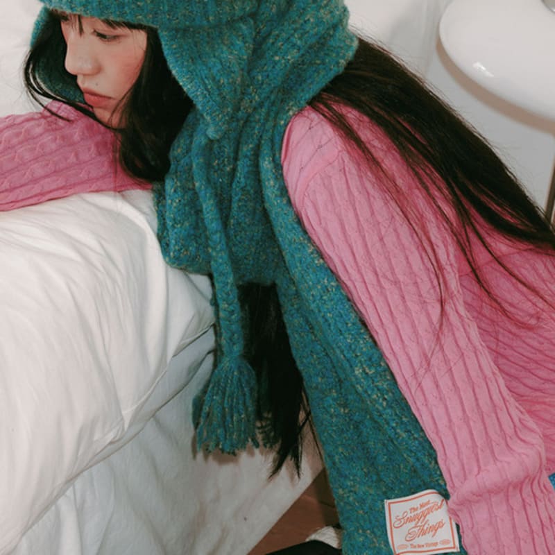 Écharpe Tricot Câbles la Plus Douce [Bleu Mousse]