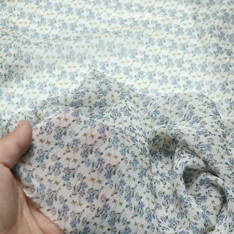 Korean Earthy Blue Floral Pleated Chiffon Fabric for Dress, Top, and Skirt