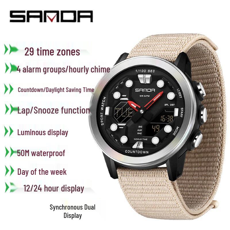 SANDA Multifunction Waterproof Digital Watch with Fluorescent Display, 29 Time Zones, Daylight Saving, 4 Alarms, Student-Friendly