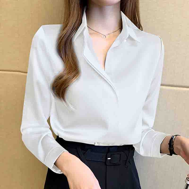 

Нова модна осіння жіноча сорочка з довгим рукавом і відкладним коміром для офісних жінок, біла атласна блузка, жіночі топи J738 2XL білий