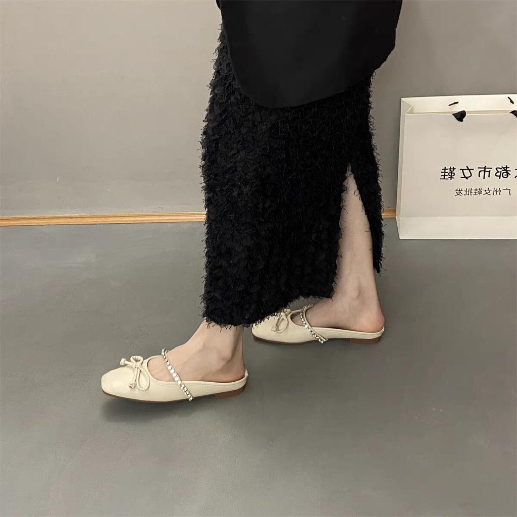Flat bottom silver rhinestone bag head half slippers women's outer wear 2025 new spring and summer bow gentle evening wind single shoes