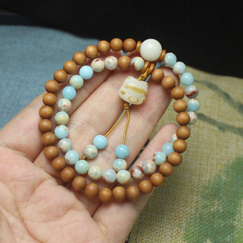 Barbie Sandalwood & Shoushan Stone 6mm Double Layer Bracelet with Cat Pendant, Fashion Jewelry for Women