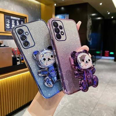 Cute Bear Holder Bracket Glitter Plating Phone Case for Coque Samsung Galaxy M55 M13 M14 M54 M23 M53 M52 M51 M34 C55 Stand Cover