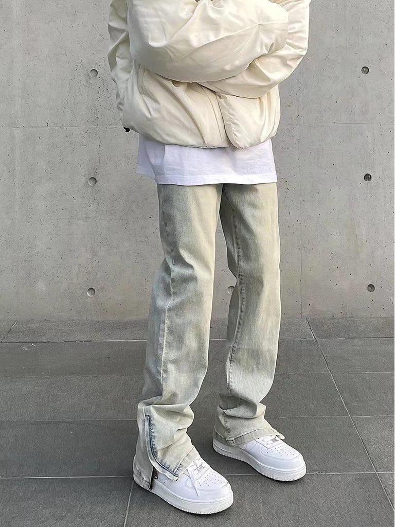 Men's Retro Yellow Distressed Washed Flare Jeans