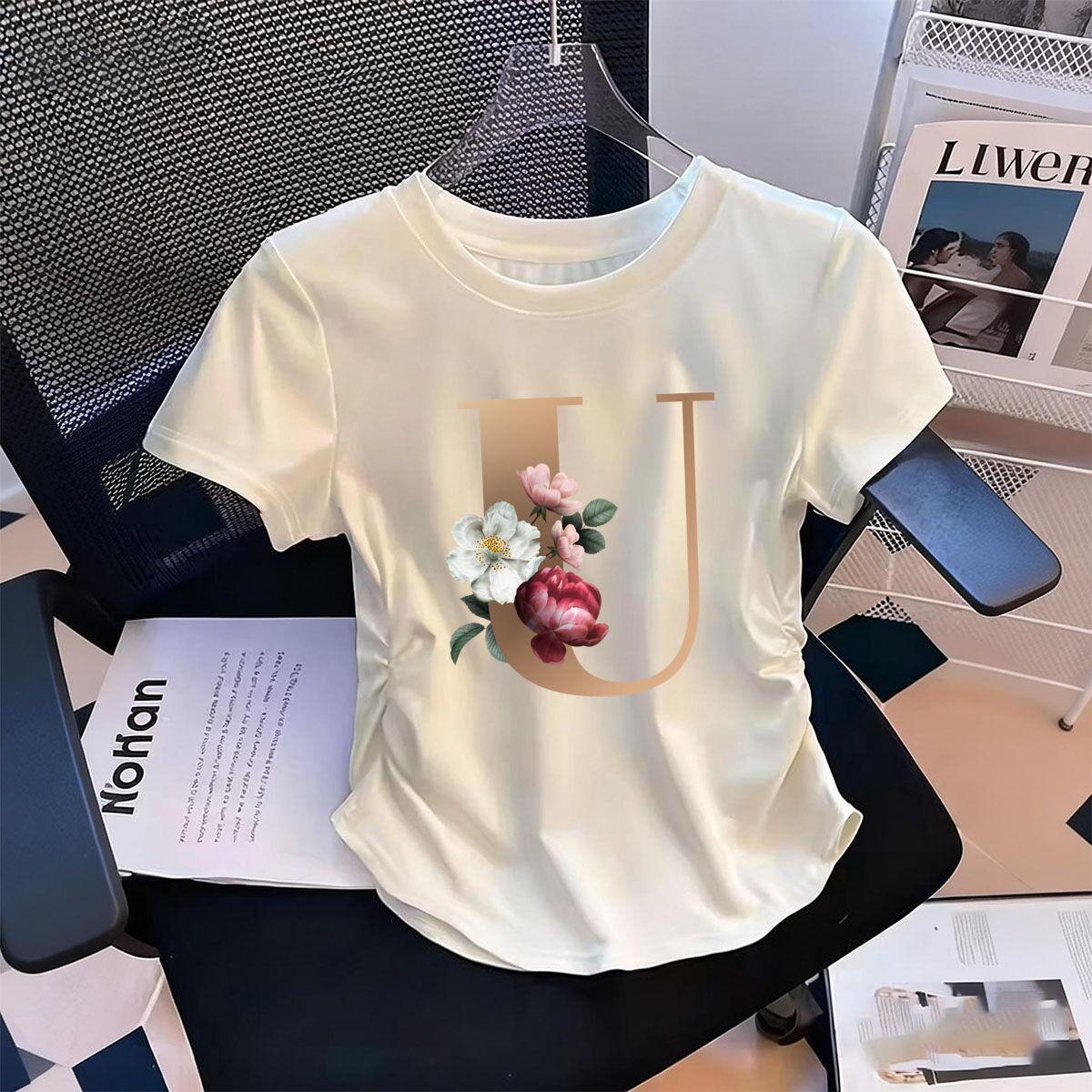 

Womens WaistDefining Elastic T Shirt Floral Letters U printed Short Sleeve Round Neck top tee Casual Cute tshirts S