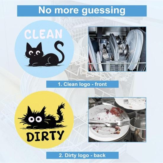 Dishwasher Clean Dirty Magnet Sign Cute Cat Round Magnetic Fridge Sticker Single-Sided Magnetic Indicator