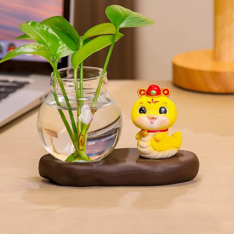 1set Desktop Plant Terrarium For Growing Hydroponic Plants Aquatic Vase Ceramic Base Snake Hydroponic Vase Glass Vase 2 styles