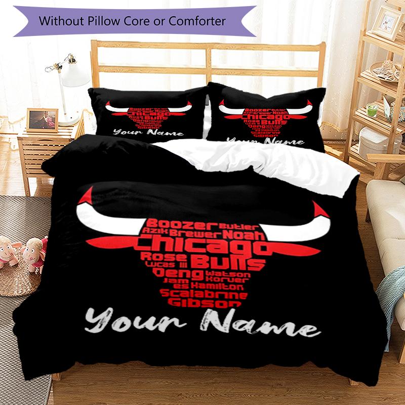 3pcs Custom Name Chicago Bulls Bedding Set Duvet Cover Closure Includes 1 Duvet Cover & 2 Pillowcases, Soft and Comfortable for All Seasons.