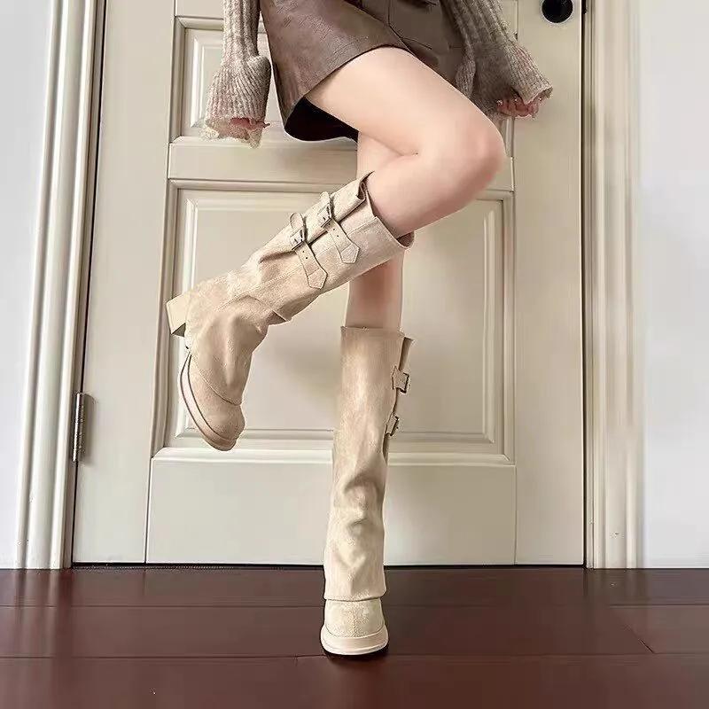 Fashion Cow Suede Knee-high Modern Boots Slip-on Buckle Shoes Female 2025 High Quality High Heel Square Heel Novelty Women's Boots