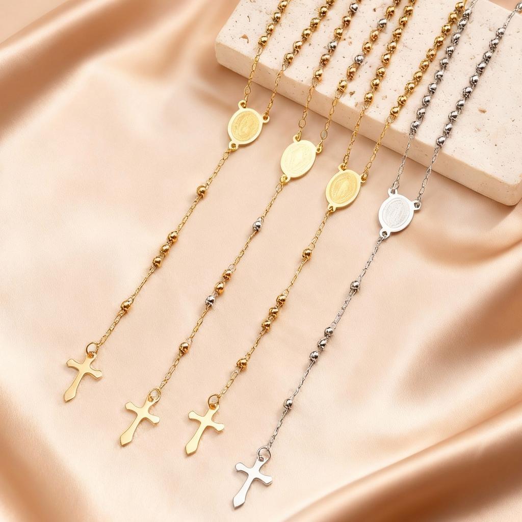 Women's Stainless Steel Rosary Virgin Cross Drop Necklace, Bead Chain Prayer Y-shaped Necklaces, Exquisite Religious Jewelry
