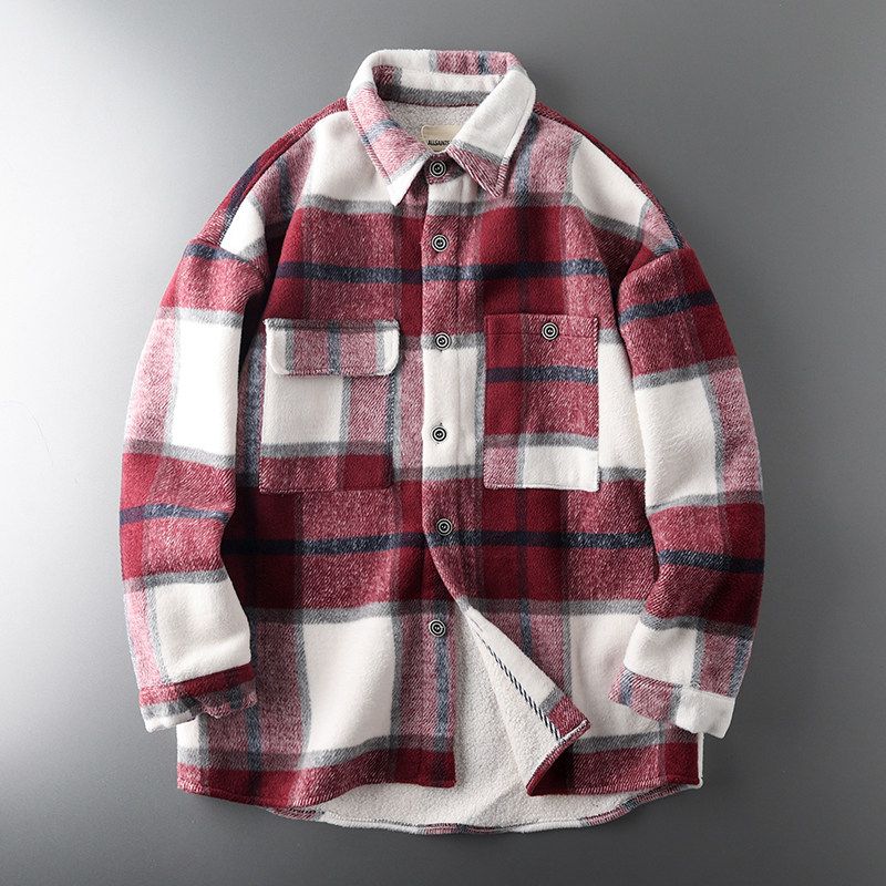 Lamb Wool Winter Loose Lapels Export Original Coat Red Grid M