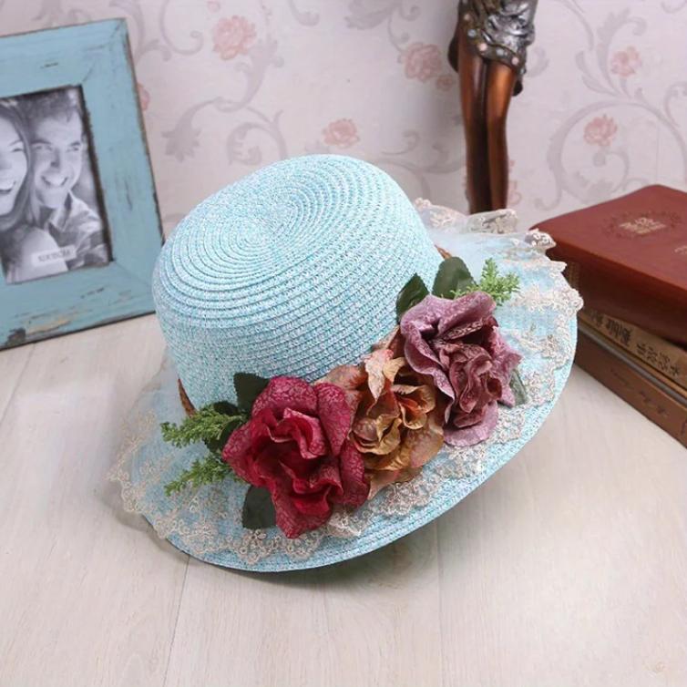 New 2026 Lace Floral Embellished Wide Brim Straw Sun Hats for Women Sun Protection Beach Hats Hat for Women Gifts