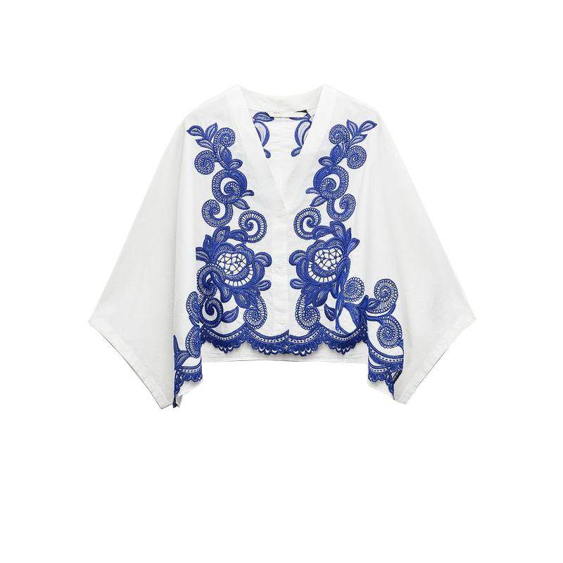 

Spring New V Neck Long Sleeves Contrast Color Embroider Shirt 5107240 Elastic Waist Mid Waist Skirt 5107245 Top L