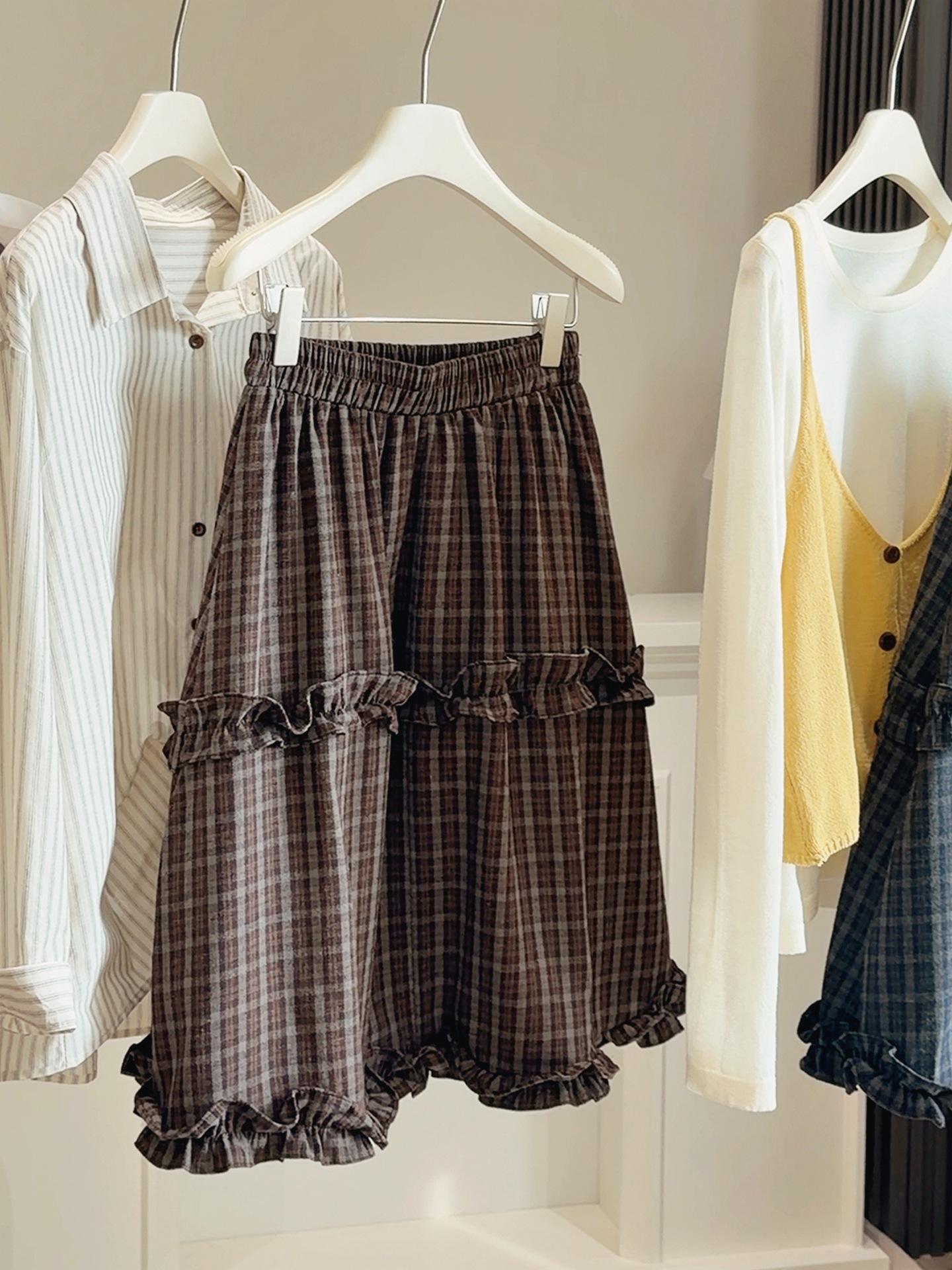 Korean Style Plaid Lace A-line Midi Skirt for Women - Slimming and Versatile Spring/Summer Fashion. One Size хаки