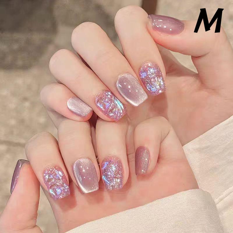 Press-On Nails Shimmery Cat Eye Short Square False Nails Kit with Free Adhesive Glue for Night Club Parties