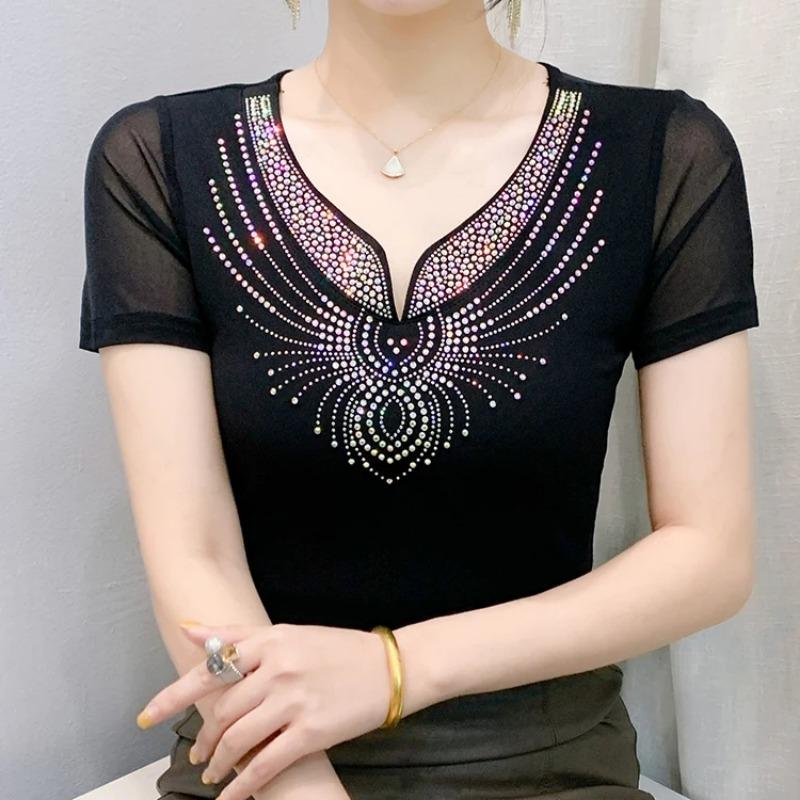Summer Sexy V-Neck Short Sleeved Women's T-Shirt Fashion Shiny Hot Diamonds Mesh Tees Female All Match Casual Tops Blusas