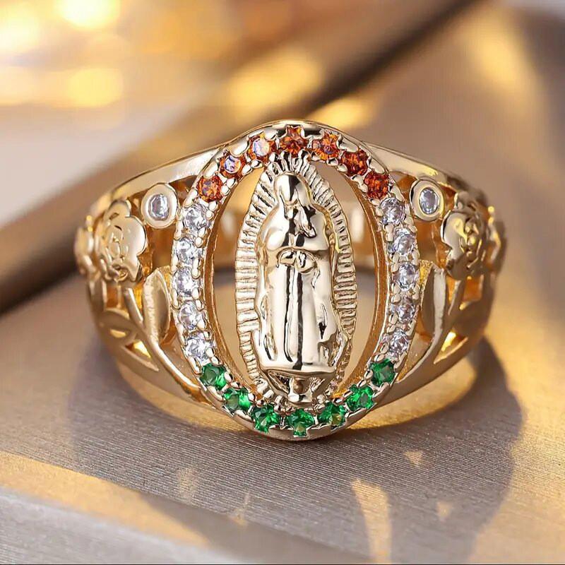 

Unisex 925 Sterling Silver Classic Hip Hop Punk Gold Color Oval Mary Portrait Ring for Women Fashion Party Jewelry Accessory 6