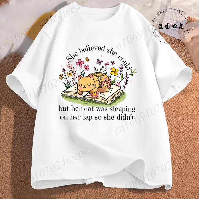 She Believed She Could Tees Tops Funny Floral Cat Shirt Women Fashion Tshirt Tops Oversize Summer Tshirt Short Sleeves Clothing