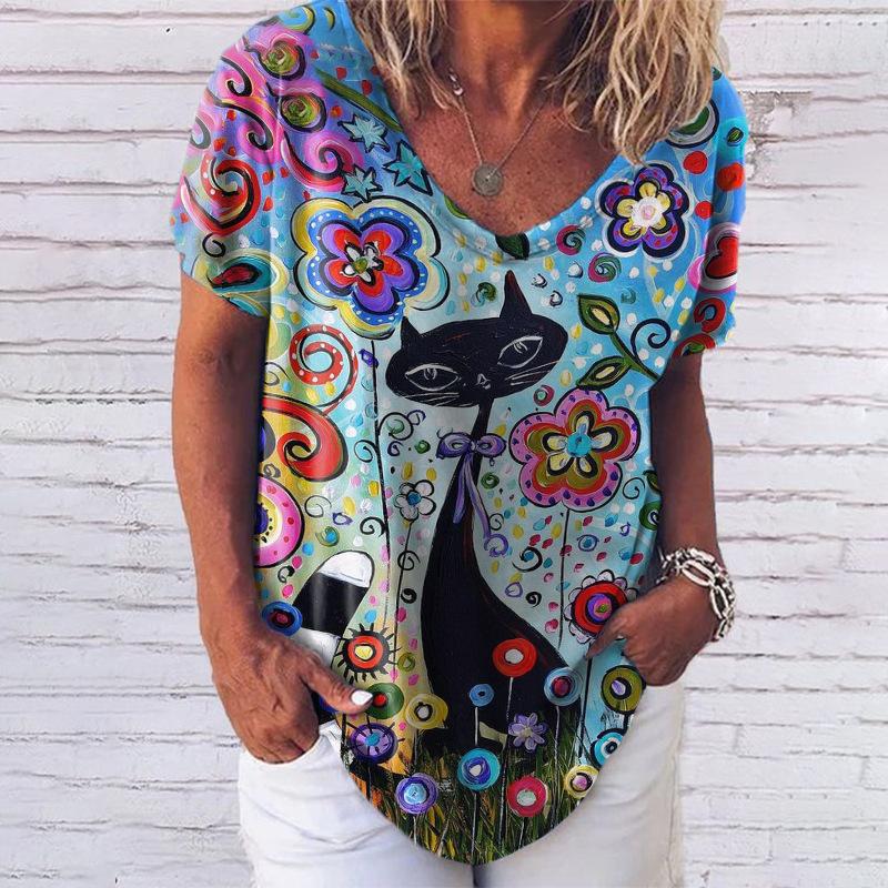 Kawaii Cute 3D Printed Cat Women's T-shirt Women's Clothing Short Sleeve V-neck Summer T-shirt