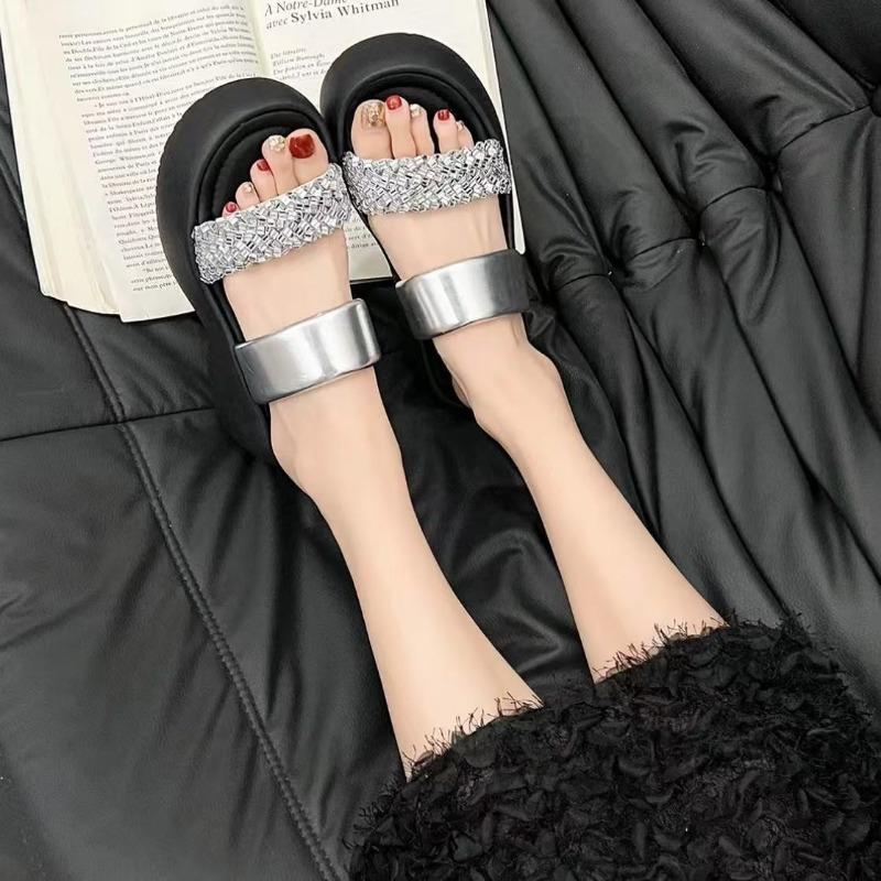 Thick-bottomed Slope Heel Rhinestone Outer Slippers Women's Summer New Versatile Square Head Open-toed Sandals