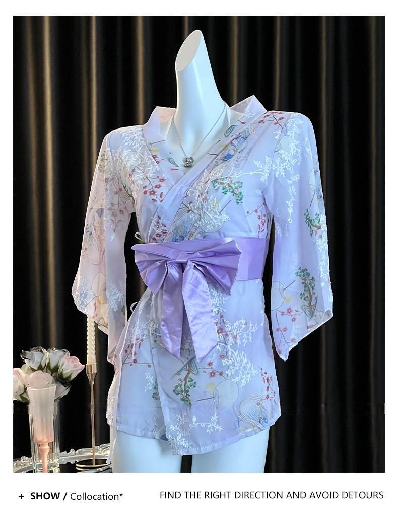 Elegant Japanese Chiffon Kimono Nightgown with Bow Embroidery