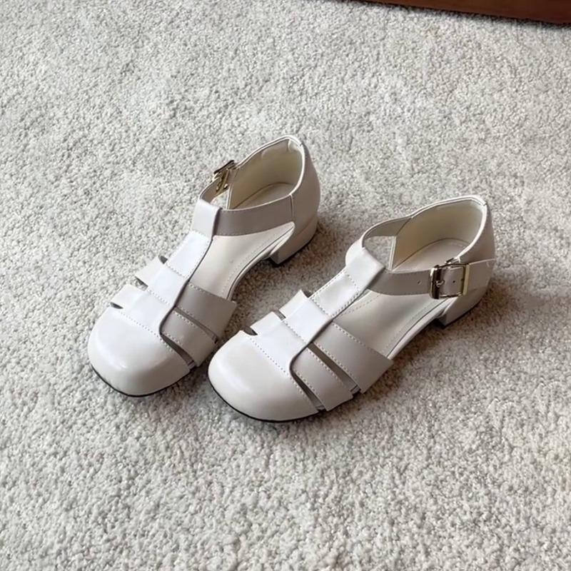 

Версия из овчины~ Ретро плетеные полые сандалии с круглым носком женские универсальные сандалии на низком каблуке с закрытым носком на одной пуговице 40