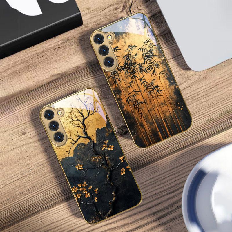 Golden Flower Branch For Samsung Galaxy S20 FE S21 S22 S23 Plus S24 Ultra 25Ultra S21+ S9+ S22Plus Golden Glass Phone Case