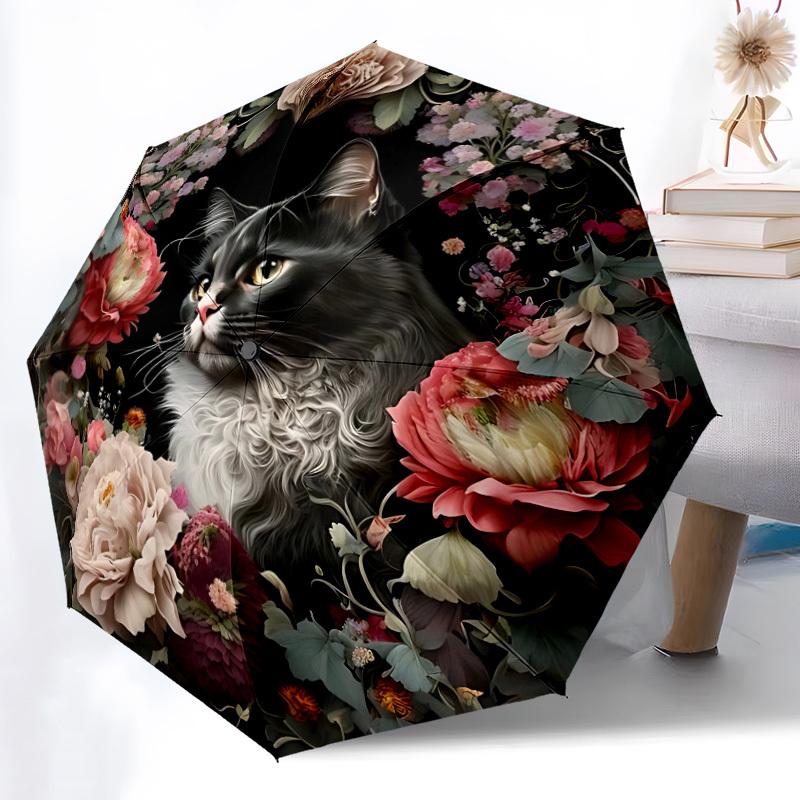 

1pc Cat Floral Decorative Automatic Folding Umbrella Durable Iron Frame,All Seasons Home Travel Outdoor Multifunctional Umbrella yy251115174