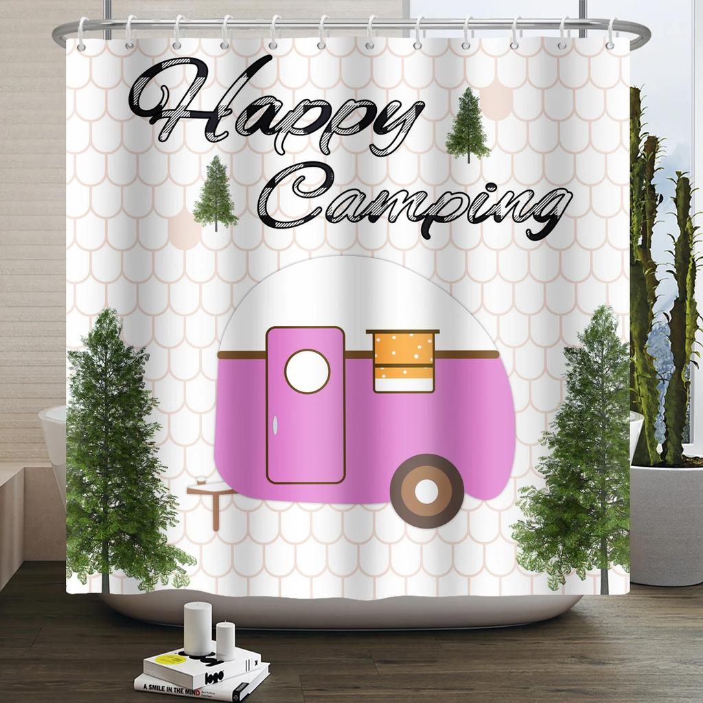 Camper Shower Curtain Happy Camper Trailer Car Rv Forest Mountain Tent Camping Bathroom Shower Curtain Waterproof Bath Curtain