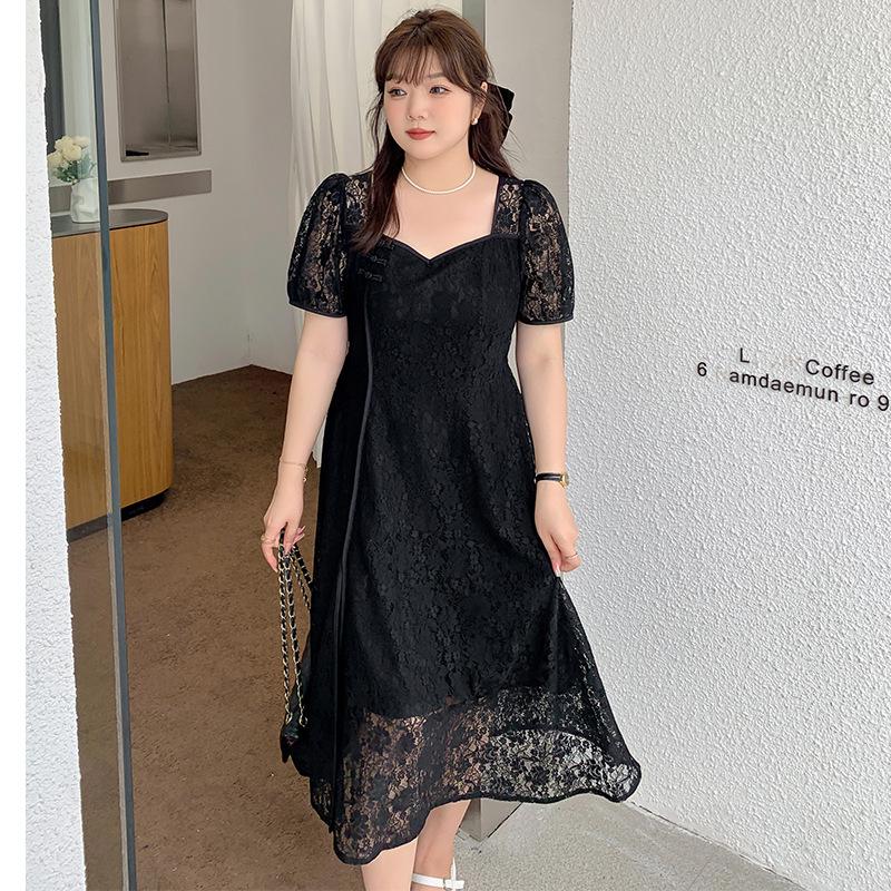 

Женский летний чонсам больших размеров с квадратным воротником и кружевом - Модель K2363 1XL чёрный