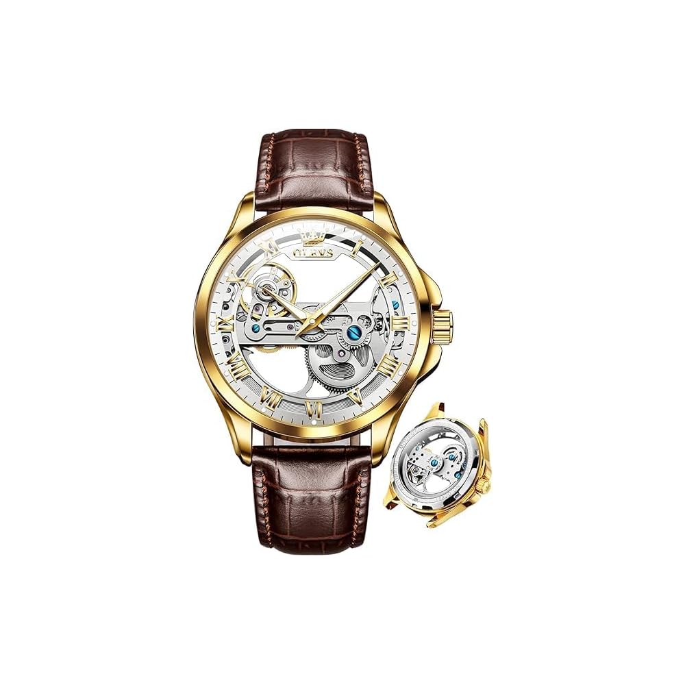 OLEVS Men s Mechanical Automatic Skeleton Watch Brown White Leather Strap Waterproof Fashion Timepiece