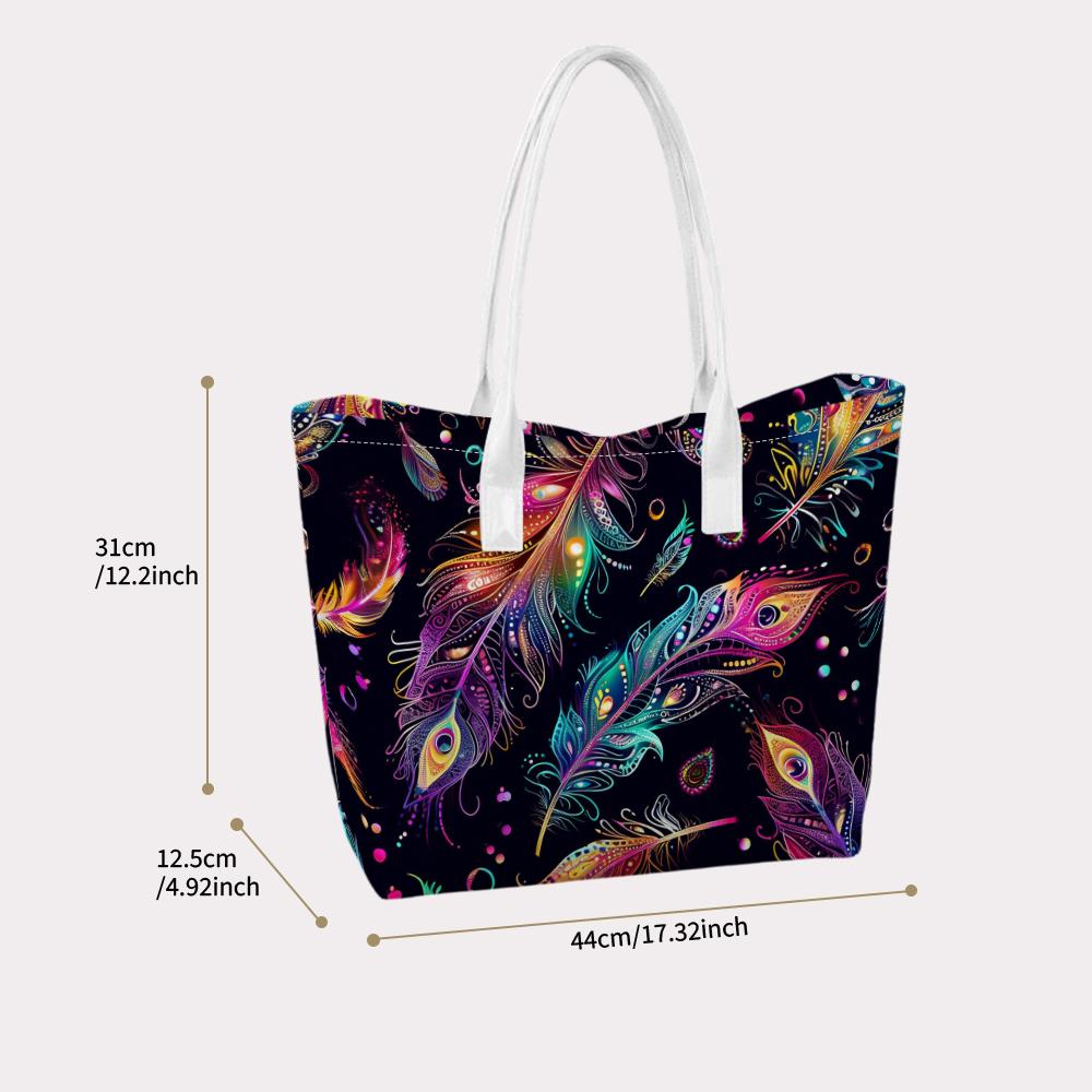 Bohemian Colorful Feather Printed Tote Bag for Women Large Capacity Casual Daily Shoulder Handbag for Shopping Travel