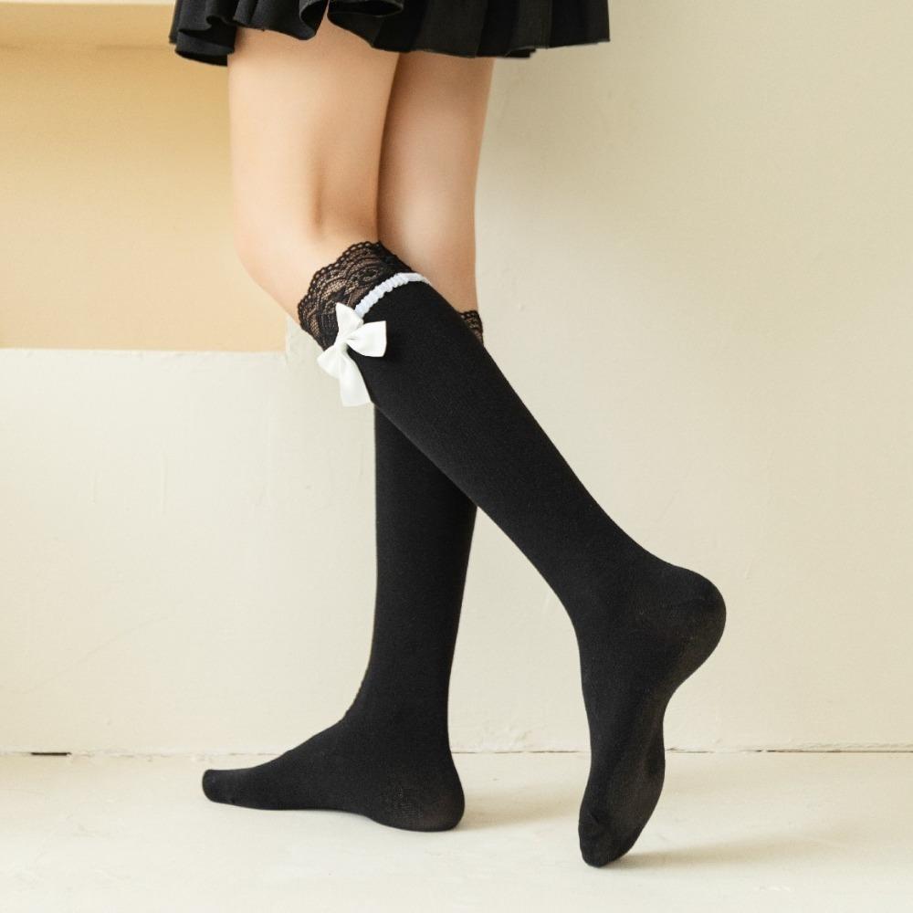 

4Pairs Ballet Style Lace Bow Stockings Elastic JK Lolita Stockings Mid Tube Socks Women/Girls 2Pairs Black 2Pairs White