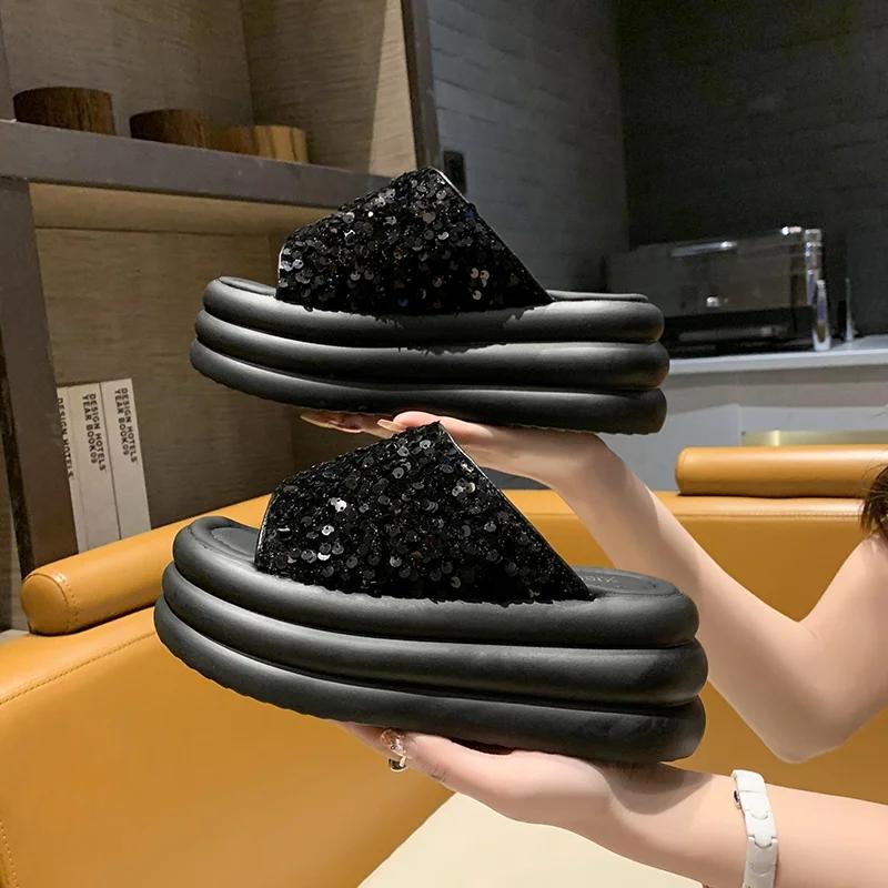 Fashion 8CM Bling Woman Platform Sandals Ladies Elegant Medium Women's Shoes Flats Summer Sandals Women Designer Shoes Girls slippers