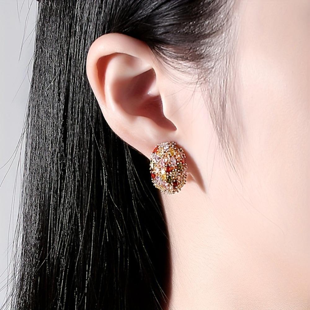 Oval Shape Colorful Zircon Earring Copper Gilding Ear Drop Simple Ear Jewelry  Women