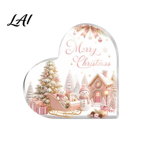 Romantic Christmas Gifts Heart Shaped Acrylic Tabletop Sign 2D Winter Snow Scene Desktop Ornament Home Party Supplies with Santa Snowman &