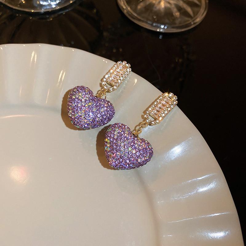 Sweet Purple Love Heart Crystal Dangle Earrings Women Shine Rhinestone Earrings Weddings Party Zircon Accessories