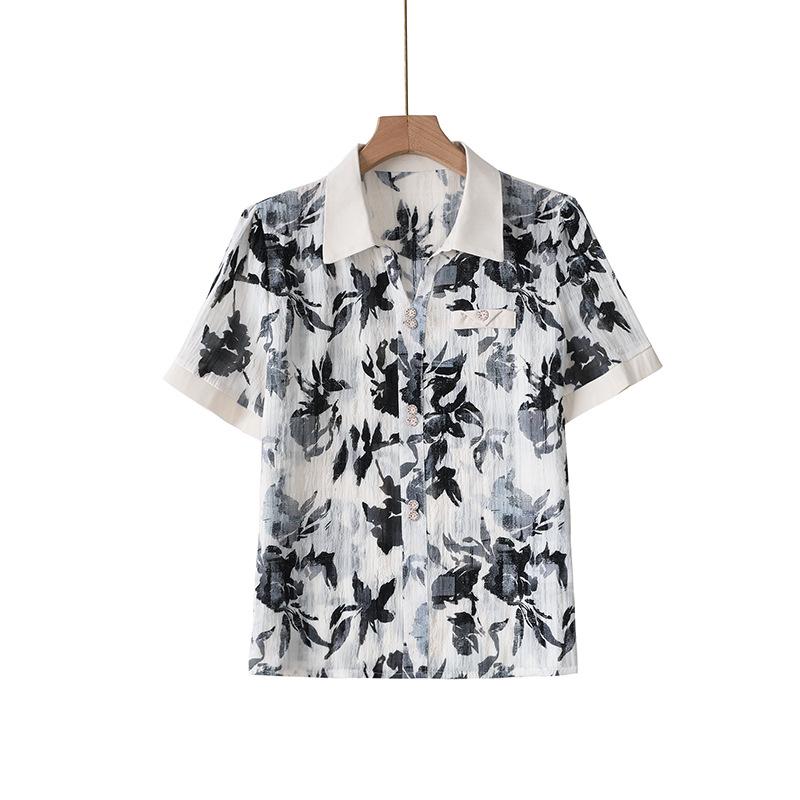 Seaside Resort Women s Floral Ice Silk Quick-Dry Summer Shirt - Casual, Lightweight, Middle-Aged & Elderly Top 2026 5XL (140-155 jin) чёрный